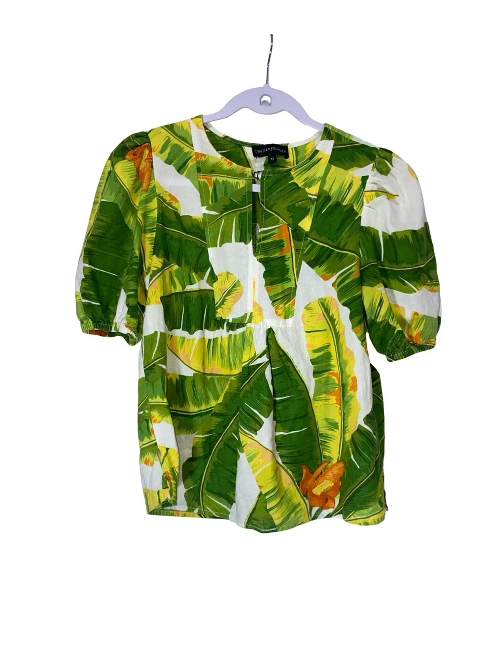 Cynthia Rowley foliage botanical Banana Leaf Print Puff Sleeve Blouse Top Sz XS